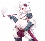 anthro armor black_nose blush bottomwear bracers bulge clothed clothing detailed_bulge flaccid fluffy fluffy_tail fur genital_outline genitals hair holding_object loincloth male moobs navel nipples overweight overweight_anthro overweight_male pauldron penis penis_outline pink_nipples pipe pose red_eyes shoulder_guards simple_background smoke smoking solo standing tail unconvincing_armor white_background white_body white_fur white_hair lambent lambent_panpan canid canine canis domestic_dog mammal hi_res