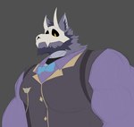 anthro beard black_sclera blue_bow_tie bow_tie brown_clothing brown_topwear brown_vest clothed clothing facial_hair fur grey_background grey_body grey_fur male mask muscular purple_clothing purple_shirt purple_topwear shirt simple_background skull_mask solo topwear vest yellow_eyes dogguni atlas_(juggermelon) canid canine canis mammal wolf hi_res