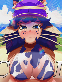 1980s_theme animal_print animal_print_bikini anthro barbel_(anatomy) beach bedroom_eyes big_breasts bikini blue_ears blue_eyes blush breasts clothing cloud cow_print cow_print_bikini curly_hair female fin freckles gradient_hair hair humanoid_face inner_ear_fluff lake lens_flare narrowed_eyes non-mammal_breasts pattern_bikini pattern_clothing pattern_swimwear pink_body retro retro_anime_style seductive simple_background smile smiling_at_viewer solo sun sun_visor swimwear text tuft two-piece_swimsuit water wavy_hair white_body daybreakfade celine_(daybreakfade) aquatic catfish fish 3:4 absurd_res cover english_text hi_res huge_filesize magazine_cover