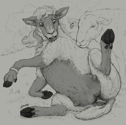 ambiguous_gender anatomically_correct anatomically_correct_genitalia anatomically_correct_vulva animal_genitalia animal_vulva bracelet cloven_hooves dewclaw_hooves female feral fur genitals group hooves jewelry raised_hoof raised_leg sitting sitting_on_ground species_transformation teats transformation vulva watching_from_afar yafath bovid caprine mammal sheep greyscale hi_res line_art monochrome sketch