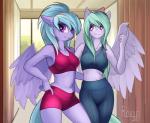 anthro breasts clothed clothing detailed_background duo female green_hair hair smile standing wings rublegun friendship_is_magic hasbro my_little_pony mythology cloud_chaser_(mlp) flitter_(mlp) equid equine mammal mythological_creature mythological_equine pegasus 2018 absurd_res digital_media_(artwork) hi_res