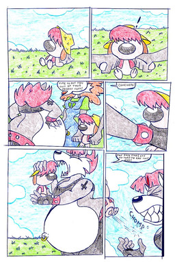 anthro belly female group male navel navel_piercing navel_ring outside overweight piercing ring_piercing sharp_teeth speech_bubble teeth text virus-20 canid canine canis domestic_dog mammal wolf 2008 comic english_text