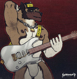 anthro armpit_hair body_hair bulge clothed clothing electric_guitar guitar hand_behind_head hat headgear headwear jockstrap jockstrap_only male muscular muscular_male musical_instrument plucked_string_instrument solo string_instrument topless underwear underwear_only acidwuff canid canine canis mammal wolf absurd_res hi_res