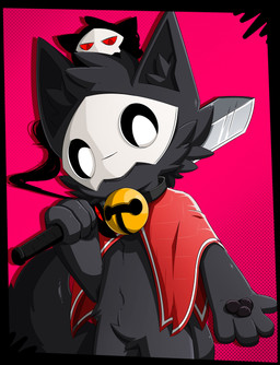 4_fingers anthro bell bell_collar black_body black_border black_fur black_pawpads black_sclera border cape clothing collar crotch_tuft crown fingers fur glistening glistening_body headgear holding_object inner_ear_fluff looking_at_viewer male offering_hand_to_viewer pawpads pointy_ears red_background red_cape red_clothing red_eyes simple_background solo standing tail tuft young young_anthro young_male gaogomon changed_(video_game) cult_of_the_lamb massive_monster_(studio) puro_(changed) canid canine canis mammal wolf 2023 absurd_res crossover halftone hi_res