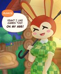 animal_crossing anthro blush blush_stickers building bunnie_(animal_crossing) dialogue english_text eyes_closed female gammainks header header_box hi_res house lagomorph leporid mammal nintendo outside rabbit solo text text_header umbrella