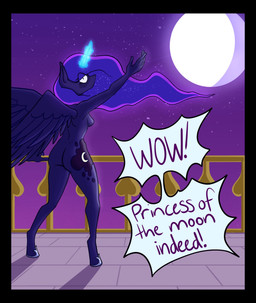 1_horn anthro back_wings black_border blue_body blue_feathers blue_fur border breasts butt dialogue embarrassed eyelashes feathered_wings feathers female fur glowing glowing_horn hair hooves horn long_hair looking_at_viewer looking_back looking_back_at_viewer moon night nude purple_hair rear_view small_breasts solo speech_bubble text thick_thighs wide_eyed wide_hips wings blueycitrus friendship_is_magic hasbro my_little_pony mythology princess_luna_(mlp) equid equine mammal mythological_creature mythological_equine winged_unicorn hi_res