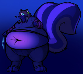 anthro belly belly_blush belly_expansion belly_inflation biped blue_body blue_fur blue_hair blueberry_inflation blush body_blush body_inflation breasts claws clothed clothing deep_navel ear_piercing expansion exposed_belly female fur hair hair_over_eye highlights_(coloring) inflation looking_at_self looking_back looking_back_at_self markings medium_breasts motion_lines navel piercing solo standing striped_markings striped_tail stripes tail tail_markings toe_claws worried birdo_(artist) mammal mephitid skunk 2025 hi_res