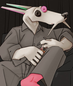 anthro black_nose claws clothing footwear fur long_claws long_ears male pajama_pants pajama_shirt pajamas postmodern sitting sitting_on_armchair small_eyes smoking socks solo white_body white_fur white_skin ravuer rude_dog_and_the_dweebs rude_dog canid canine canis domestic_dog mammal absurd_res hi_res