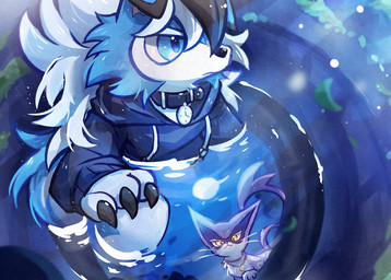 ambiguous_gender anthro black_clothing black_topwear blue_body blue_eyes blue_fur claws clothed clothing collar duo feral finger_claws fur hoodie moon one_eye_obstructed pink_body pink_fur tail topwear water white_body white_fur yellow_eyes unknown_artist nintendo pokemon kian_(kianyemao) yemao_(kianyemao) generation_5_pokemon generation_7_pokemon liepard lycanroc pokemon_(species) hi_res