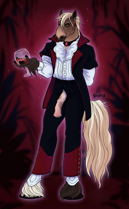 alternative_fashion animal_genitalia animal_penis anthro blonde_hair clothing container cup drinking_glass equine_genitalia equine_penis genitals glass glass_container glass_cup goth hair male muscular muscular_male penis solo suit wine_glass dxm8 draft_horse equid equine horse mammal vampire hi_res
