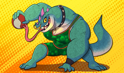 anthro ball barefoot basketball_uniform bottomwear clothed clothing collar facial_piercing feet green_body green_bottomwear green_clothing green_scales green_shirt green_shorts green_topwear head_spikes male mouth_piercing muscular muscular_anthro muscular_male neck_piercing nose_piercing piercing purple_spikes roarball_(ball) scales shirt shorts solo spikes spikes_(anatomy) sportswear studded_collar studs tail teeth tongue tongue_out tongue_piercing topwear uniform yellow_sclera janjauwu goat_(movie) sony_corporation sony_pictures modo_olachenko komodo_dragon lizard monitor_lizard reptile scalie 2026 absurd_res digital_media_(artwork) hi_res
