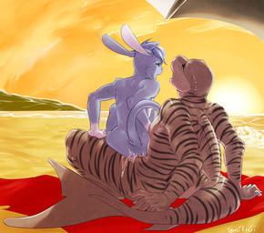 anal anal_penetration anthro beach beach_umbrella black_body black_scales black_stripes blue_body blue_fur blue_hair bodily_fluids brown_body brown_scales chair_position cloud cum cum_in_ass cum_inside detailed_background duo femboy from_behind_position fur genital_fluids genitals hair interspecies male male/male male_on_bottom male_on_top male_penetrated male_penetrating male_penetrating_male moan multicolored_body multicolored_scales nude on_bottom on_top on_towel open_mouth outside parasol penetration penis reverse_cowgirl_position sand scales seaside sex sex_on_the_beach size_difference sky stripes sunset tail towel two_tone_body two_tone_scales tokifuji requinus aquatic domestic_cat felid feline felis fish hybrid lagomorph leporid mammal rabbit requiem_shark shark tiger_shark