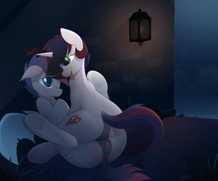 alley animal_genitalia animal_vulva anus bat_wings blue_eyes blue_hair blush bodily_fluids brick brick_wall butt clitoral clitoral_winking clitoris cutie_mark dark dock_(anatomy) duo equine_genitalia equine_vulva eye_contact eyebrows eyelashes fangs female female/female female_on_bottom female_on_top feral feral_on_feral genital_fluids genitals grass green_eyes hair hooves horn lamp lantern light looking_at_another lying magic masturbation membrane_(anatomy) membranous_wings multicolored_hair night nude on_back on_bottom on_top one_eye_closed open_mouth outside plant puffy_anus saliva saliva_string sex shadow short_hair smile spread_legs spreading tail teeth tongue tongue_out two_tone_hair underhoof vaginal vaginal_fluids vaginal_masturbation vulva wall_(structure) wings b-epon hasbro my_little_pony mythology fan_character misty_blizzard bat_pony equid equine mammal mythological_creature mythological_equine unicorn 2017 absurd_res digital_media_(artwork) hi_res shaded signature