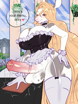 animal_genitalia animal_penis anthro balls big_breasts big_penis blonde_hair blush breasts clothing dialogue equine_genitalia equine_penis erection genitals glistening glistening_genitalia glistening_penis gynomorph hair intersex long_hair maid_uniform motion_lines one_eye_closed penis text uniform white_balls white_breasts wink yuwi-cyu fan_character equid equine horse mammal english_text hi_res