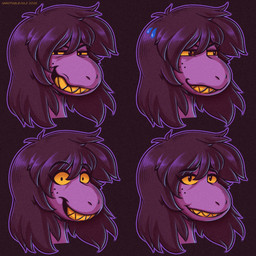 anthro black_background bodily_fluids brown_hair eyebrows eyelashes female freckles hair looking_at_viewer looking_away outline purple_body purple_outline purple_skin sharp_teeth simple_background smile solo sweat sweatdrop teeth text tomboy yellow_eyes yellow_teeth unnotablejulz deltarune undertale_(series) susie_(deltarune) reptile scalie 1:1 2025 artist_name dated headshot_portrait hi_res portrait