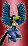 anthro blue_feet clothing cosplay costume crossover_cosplay eyes_closed feet female midriff object_between_breasts smile solo tight_clothing wings lindwormduality blue_sky_studios rio_(series) yu-gi-oh! eva_(rio) harpie_lady avian bird duel_monster keel-billed_toucan ramphastos toucan absurd_res crossover hi_res