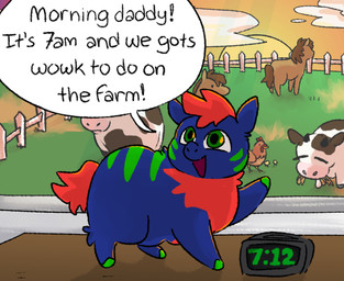 alarm_clock ambiguous_feral ambiguous_gender baby_talk blue_body blue_fur clock dialogue digital_clock eating electronics farm feral fur grass green_eyes green_hooves green_stripes group hair hooves offscreen_character open_mouth plant red_hair red_tail smile solo_focus speech_bubble standing stripes sun sunrise tail text young young_ambiguous young_feral alpama fluffy_pony avian bird bovid bovine cattle chicken equid equine fluffy_pony_(species) galliform horse mammal phasianid 2023 digital_media_(artwork) english_text hi_res shaded