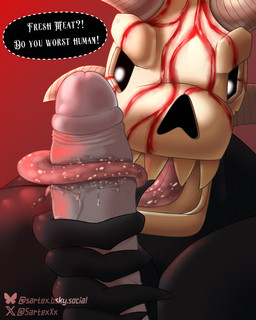 anthro big_penis blood blood_on_face bodily_fluids bone broad_shoulders claws close-up dialogue duo erection genitals glans glowing glowing_eyes horn licking long_tongue male male/male muscular muscular_anthro muscular_male open_mouth oral penile penis penis_grab penis_lick saliva sex sharp_teeth simple_background skull skull_head teeth text tongue tongue_out vein veiny_penis white_eyes sartex fran_bow remor demon demon_humanoid humanoid 2026 4:5 absurd_res digital_drawing_(artwork) digital_media_(artwork) english_text hi_res signature