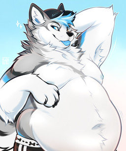 anthro arm_tuft armpit_tuft belly belly_jiggle big_belly black_claws blue_body blue_fur blue_hair blue_tongue bottomwear chest_tuft claws clothing fur grey_body grey_fur hair hat headgear headwear heterochromia jiggling looking_at_viewer male moobs motion_lines multicolored_body multicolored_fur nipples obese obese_male overweight overweight_male shirtless shirtless_male shorts simple_background solo standing tongue tongue_out tuft white_body white_fur kitakettu_(artist) canid canine mammal 2025 5:6 absurd_res hi_res
