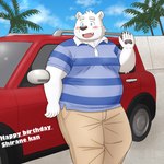 anthro belly big_belly blush bottomwear clothing cloud detailed_background humanoid_hands kemono male outside overweight overweight_male palm_tree pants plant shirt solo topwear tree white_body yaki_atsuage utau shirane_kan bear domestic_cat felid feline felis mammal polar_bear ursine 1:1 2022 hi_res