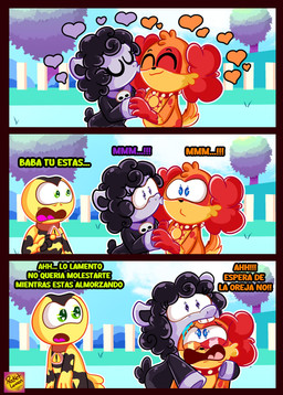 anthro black_body black_fur black_wool eating female fur grey_body group kissing kissing_cheek male orange_body scared text trio wool_(fur) yellow_body rocketlennon mob_entertainment nightmare_critters poppy_playtime smiling_critters baba_chops_(poppy_playtime) dogday_(poppy_playtime) icky_licky_(poppy_playtime) amphibian frog poison_dart_frog absurd_res comic hi_res spanish_text