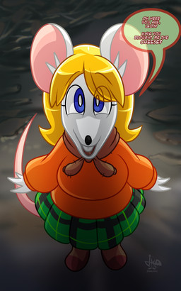 alternate_species anthro asking asking_viewer blonde_hair bottomwear clothing dialogue female front_view fur furrification green_bottomwear green_clothing green_skirt hair name_drop name_in_dialogue orange_clothing orange_sweater orange_topwear question skirt solo speech_bubble sweater talking_to_viewer text topwear translucent_speech_bubble white_body white_fur yes-no_question jamearts capcom resident_evil ashley_graham moushley house_mouse mammal mouse murid murine rodent 5:8 english_text hi_res