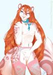 5_fingers anthro bell blue_eyes brown_hair clothed clothing covering covering_self crossdressing eyewear femboy fingers fur garter_belt garter_straps glasses hair heterochromia leopard_spots lingerie long_hair male markings navel navel_piercing nipples orange_hair piercing pink_body pink_fur pink_spots pose solo spots spotted_body spotted_fur standing wide_hips vexstacy accelo_(character) felid leopard mammal pantherine 2019 absurd_res digital_media_(artwork) hi_res pinup