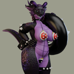 accessory anthro bag belly big_breasts bikini black_body breasts clothing curly_hair female furgonomics hair horn inflatable inner_tube lgbt_pride looking_at_viewer micro_bikini open_mouth pool_toy pride_colors purple_body purple_hair simple_background smile solo standing swimwear tail tail_accessory tail_bag thick_thighs transgender_pride_colors two-piece_swimsuit volgon_(artist) mario_bros mythology nintendo volgon_(volgon) animate_inanimate dragon koopa living_clothing mythological_creature mythological_scalie reptile scalie spiny 1:1 3d_(artwork) digital_media_(artwork) hi_res