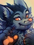 anthro fur fur_markings male markings orange_eyes orange_pawpads pawpads presenting_hand solo sketchrabbit akari_(akaritheyeen) fish hybrid hyena mammal marine shark absurd_res bust_portrait hi_res portrait