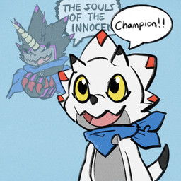 anthro black_claws chibi claws horn humor kerchief male smile text white_body yellow_eyes owlscribbles bandai_namco digimon digimon_ghost_game digimon_(species) gammamon gulusgammamon 1:1 comic english_text hi_res