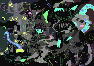 abstract_background ambiguous_gender black_body black_fur feral fur grey_body grey_fur group multicolored_body multicolored_fur psychedelic surrealism tongue tongue_out tripping naircat domestic_cat felid feline felis mammal 2017 digital_drawing_(artwork) digital_media_(artwork) microsoft_paint_(artwork)