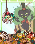 chest_tuft claw_machine clothed clothing detailed_foreground doll feathers hat headgear headwear jester machine male simple_background solo top_hat tuft pizzi_achio helluva_boss asmodeus_(helluva_boss) fizzarolli_(helluva_boss) demon humanoid hi_res signature