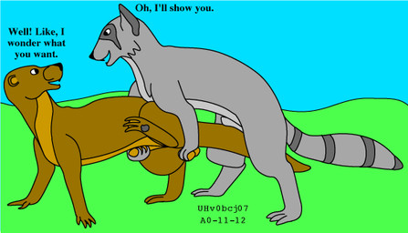 animal_genitalia ball_grab balls brown_body brown_fur dialogue duo feral from_behind_position fur genitals grass grey_body grey_fur imminent_sex male male/male mounting nude nude_male outside plant raised_leg sex sheath sheath_grab sky standing tail text toony urbanhermit mammal mustelid otter procyonid raccoon 2000 dated