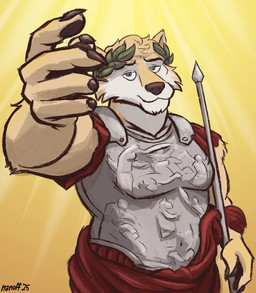ancient_rome anthro armor blue_eyes curly_hair extended_arm fur hair history laurel_wreath looking_at_viewer male melee_weapon polearm red_cloth roman roman_clothing roman_empire simple_background smile solo spear weapon white_body white_fur yellow_background yellow_body yellow_fur nanoff octavianus_augustus canid canine canis mammal wolf 2025 colored digital_drawing_(artwork) digital_media_(artwork) signature story story_at_source story_in_description