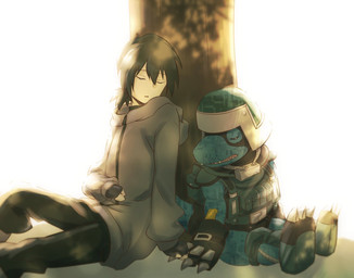 anthro armor black_hair claws clothing digital_camo duo hair hand_holding headgear helmet jacket male male/male mask plant ponytail sleeping topwear tree ym205b bandai_namco digimon digimon_beatbreak haruomi_sone commandramon digimon_(species) human mammal scalie