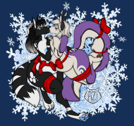 anthro bdsm black_body black_fur black_hair blue_nipples bondage bound bow_ribbon duo female fur hair hand_holding kissing multicolored_body multicolored_fur nipples pregnant pregnant_female purple_body purple_fur red_ribbon ribbon_bondage ribbons snowflake white_body white_fur white_hair azaleesh ayre_(flemina) becky_(coltron20) canid canine fennec_fox fox hybrid mammal true_fox absurd_res hi_res
