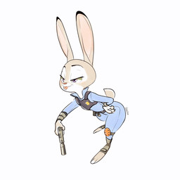 3_toes 4_fingers anthro badge clothed clothing dipstick_ears ear_markings feet female fingers fur gun half-closed_eyes hand_on_hip holding_gun holding_object holding_ranged_weapon holding_weapon markings multicolored_ears narrowed_eyes police police_uniform purple_eyes ranged_weapon simple_background solo toes tongue tongue_out uniform weapon white_background wide_hips lsw249 disney zootopia judy_hopps lagomorph leporid mammal rabbit 1:1 2016 absurd_res aliasing digital_media_(artwork) hi_res signature