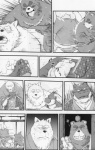 anthro asian_clothing bear canid canine canis clothing comic domestic_dog dragon duo east_asian_clothing garouzuki greyscale japanese_clothing japanese_text male male/male mammal monochrome multiple_scenes mythological_creature mythological_scalie mythology overweight scalie slightly_chubby tail text translation_request