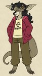 anthro black_hair bottomwear brown_bottomwear brown_clothing brown_pants clothing exposed_bra female graphic_shirt hair hand_in_pocket hoodie long_tail pants pockets ponytail red_clothing red_hoodie red_topwear solo tail text topwear zipper_hoodie nerdyreindeer deadlock valve ivy_(deadlock) gargoyle hi_res spanish_text