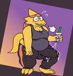 alphys anthro bodily_fluids breasts bulge cleavage clothed clothing container cup detailed_bulge exhausted eyewear felineflustered genital_fluids genital_outline genitals glasses gynomorph intersex lizard low_res overweight overweight_gynomorph overweight_intersex penis_outline precum precum_through_clothing reptile scalie solo sweat tail undertale_(series) wet wet_clothing