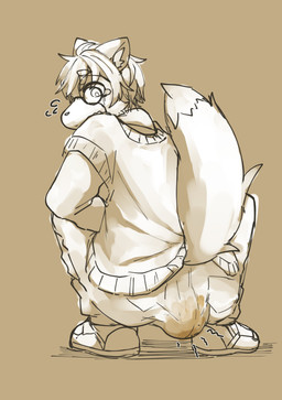 anthro bottomwear clothed clothing crouching eyewear feces footwear fully_clothed glasses hair looking_back male pants rear_view shirt shoes simple_background soiling solo tail topwear endoudouhu canid canine canis mammal wolf 2025 absurd_res hi_res monochrome sepia sketch