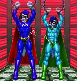 abs anthro blue_clothing blue_footwear blue_hair bodily_fluids bound bulge chain chained clothed clothing cum cum_in_clothing cum_through_clothing detailed_bulge duo ejaculation erection erection_under_clothing footwear front_view genital_fluids genital_outline green_clothing green_footwear hair hands-free male male/male muscular muscular_male open_mouth penis_outline saliva superhero teeth tight_clothing tongue wet wet_clothing eldiman canid canine canis domestic_dog mammal digital_media_(artwork) hi_res brother_(lore) brothers_(lore) sibling_(lore)