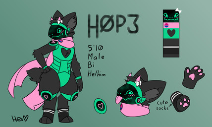 anthro bisexual_pride_colors blush blush_lines clothing digitigrade fluffy fluffy_tail footwear fur fur_tuft inner_ear_fluff lgbt_pride machine male neck_tuft patch_(fabric) pawpads pride_colors scarf socks solo tail text tuft hexemerald h0p3 bovid caprine goat hybrid mammal protogen hi_res model_sheet sibling_(lore)