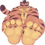 5_fingers 5_toes absurd_res anthro big_feet big_toes blush butch_(cursedmarked) cursedmarked eyebrows facial_piercing feet felid fingers fingers_between_toes foot_focus fur hi_res humanoid_feet humanoid_hands male mammal nose_piercing nose_ring nude overweight overweight_male pantherine piercing plantigrade ring_piercing simple_background solo striped_body striped_fur stripes thick_eyebrows tiger toes tongue tongue_out white_background