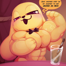 abs anthro beverage black_bow_tie black_eyes black_nose blush bow_tie candy chocolate chocolate_milk dessert drinking_straw flavored_milk flexing food fur furniture half-closed_eyes inside long_ears looking_at_another male milk muscular muscular_anthro muscular_male narrowed_eyes pecs pose solo speech_bubble standing table text vein veiny_muscles yellow_body yellow_ears yellow_fur toonpower chikn_nuggit chikn_nuggit_(chikn_nuggit) canid canine canis domestic_dog mammal 2025 digital_media_(artwork) english_text hi_res