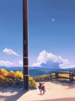 ambiguous_gender cloud feral fur grass hair looking_up moon multicolored_body multicolored_fur outside path plant pole quadruped sand sea short_hair shrub sky solo spots tail water itsdanfango ansel_(itsdanfango) deer mammal 2019 3:4 hi_res