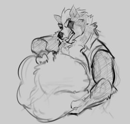 abdominal_bulge anthro belly big_belly black_nose chest_tuft clothing eye_scar facial_scar hand_on_belly huge_belly jacket male male_pred same_size_vore scar topwear tuft vore riece_ranchoa nintendo star_fox wolf_o'donnell canid canine canis mammal wolf