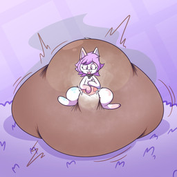 3_toes ambiguous_gender big_diaper black_collar blue_spots chest_tuft clothed clothing collar collar_tag diaper excessive_feces featureless_hands feces feet feral front_view fur hair hyper hyper_feces hyper_soiling looking_at_viewer markings pink_spots pooping purple_background purple_hair purple_inner_ear purple_nose simple_background sitting smile soiled_diaper soiling soiling_diaper solo spots spotted_body spotted_fur spotted_markings stink_fumes tail toes tongue tongue_out tuft unclean_diaper used_diaper wearing_diaper white_body white_fur white_tail dummydoodles kaycee_(squishykaycee) domestic_cat felid feline felis mammal 1:1 hi_res nonbinary_(lore)