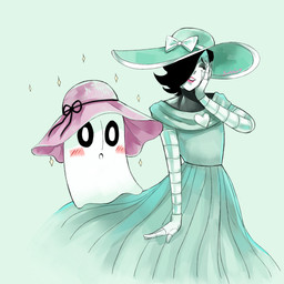 ambiguous_gender ball_gown bedsheet_ghost black_hair blush bow_hat clothed clothing drag_(fashion) drag_queen duo eyelashes eyes_closed female flat_chested gown hair hair_over_eye hat headgear headwear heart_symbol lipstick machine makeup not_furry one_eye_obstructed open_mouth smile sparkles solstice-rose undertale undertale_(series) mettaton mettaton_ex napstablook android ghost humanoid robot spirit 2015 hi_res