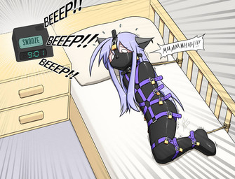 alarm_clock bdsm bed bedroom black_latex bondage bound clock furniture gagged_talk hair latex latex_sleepsack lock lying lying_on_bed male muzzle_(object) muzzled on_bed padlock peril pillow psychological_torture purple_hair sleepsack solo text tied_to_bed alodo_(artist) alodo_(character) animal_humanoid cat_humanoid felid felid_humanoid feline feline_humanoid humanoid mammal mammal_humanoid english_text